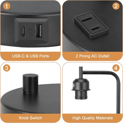 Industrial Bedside Table Lamp for Bedroom - Nightstand Lamps with USB C Charging Port, Fully Dimmable Black Lamps with USB Ports and Outlets, Small Desk Lamp with Glass Shade for Office Living Room