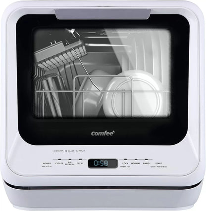 COMFEE' Portable Dishwasher Countertop, Mini Dishwasher with 5L Built-in Water Tank, No Hookup Needed, 6 Programs, 360° Dual Spray, 192°F High-Temp& Air-Dry Function, Dishwasher for Apartments& RVs