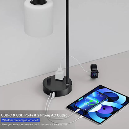 Industrial Bedside Table Lamp for Bedroom - Nightstand Lamps with USB C Charging Port, Fully Dimmable Black Lamps with USB Ports and Outlets, Small Desk Lamp with Glass Shade for Office Living Room