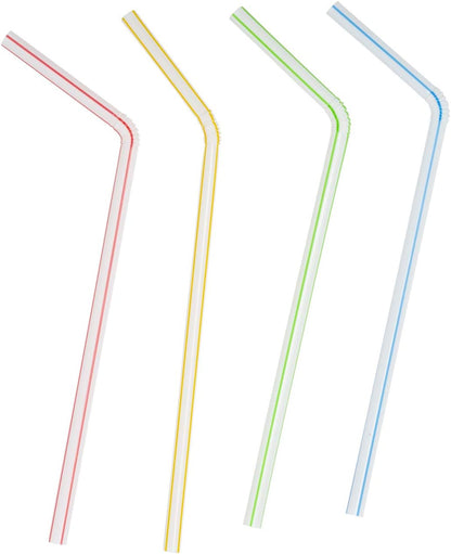 [200 Pack] Flexible Disposable Plastic Drinking Straws - 7.75"High - Assorted Colors Striped