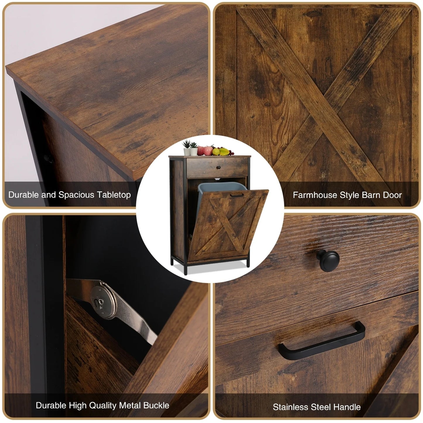 10 Gallon Tilt Out Kitchen Trash Cabinet Trash Can Wooden Tilts Out Hands Laundry Recycling Holder Brown