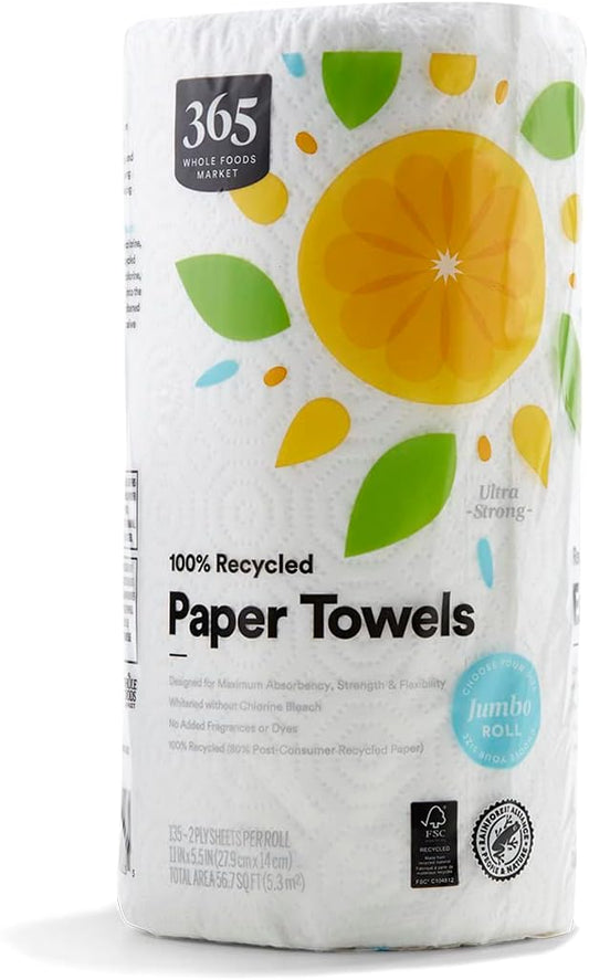 365 by Whole Foods Market, 100% Recycled Jumbo Paper Towels, Ultra-Strong, 135 Sheets per Roll, 3 Count