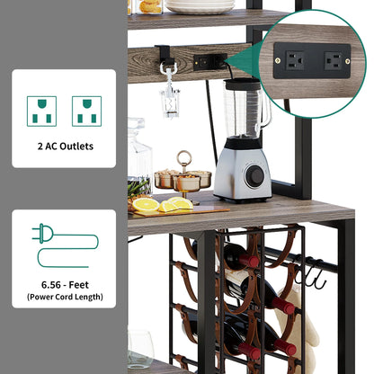 6-Tier Bakers Rack with Power Outlets Coffee Bar Station with Wine Glass Holder and Microwave Oven Stand