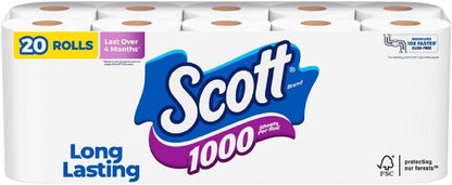 Scott 1000 Toilet Paper, 18 Rolls, Septic-Safe, 1-Ply Toilet Tissue