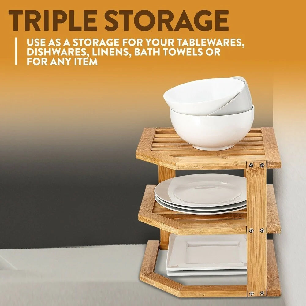 Bambusi Corner Kitchen Storage Shelf for Organizing Plates and Bowls
