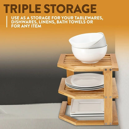 Bambusi Corner Kitchen Storage Shelf for Organizing Plates and Bowls