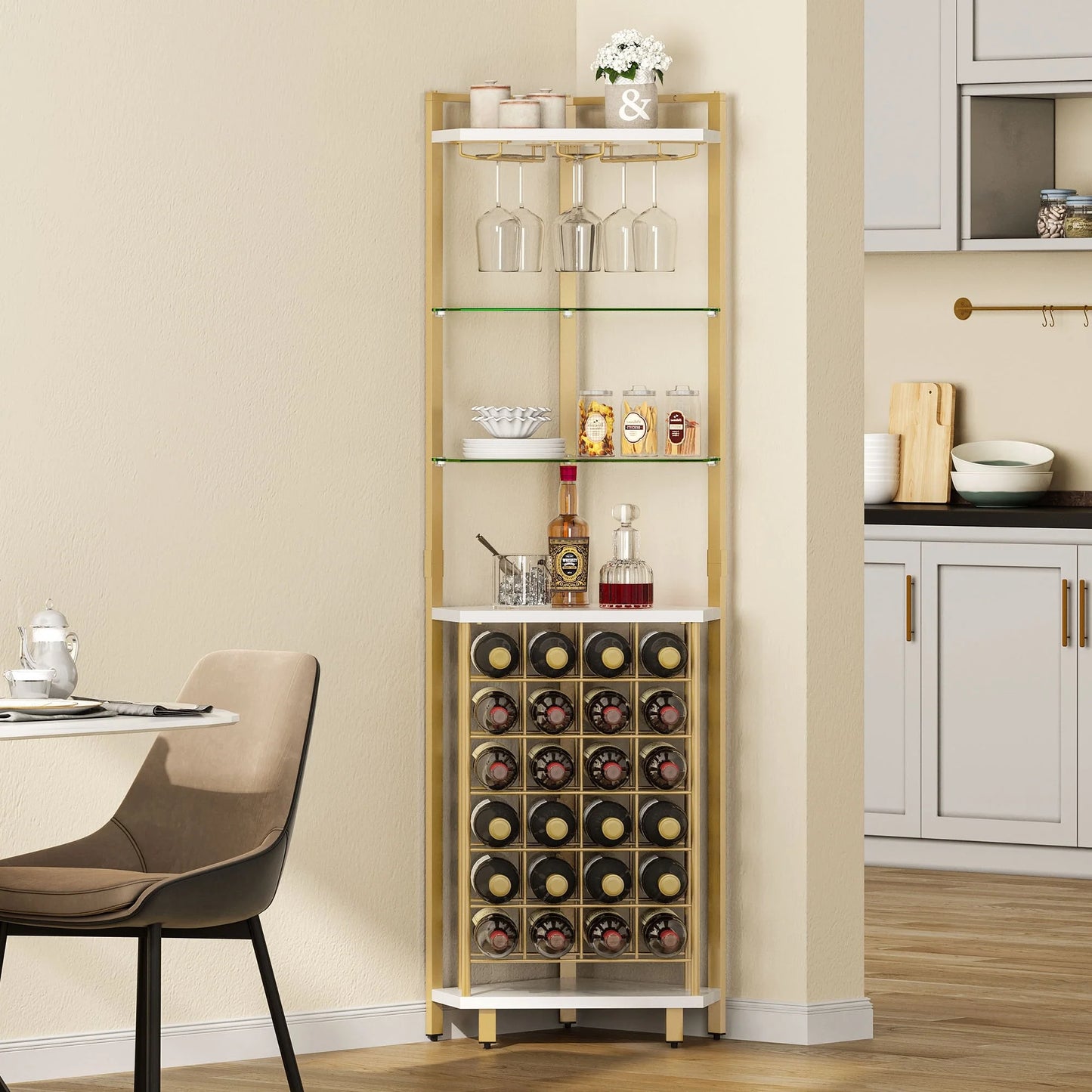 Moasis 4-Tier Corner Wine Rack Bar Storage with Glass Holder and Shelves