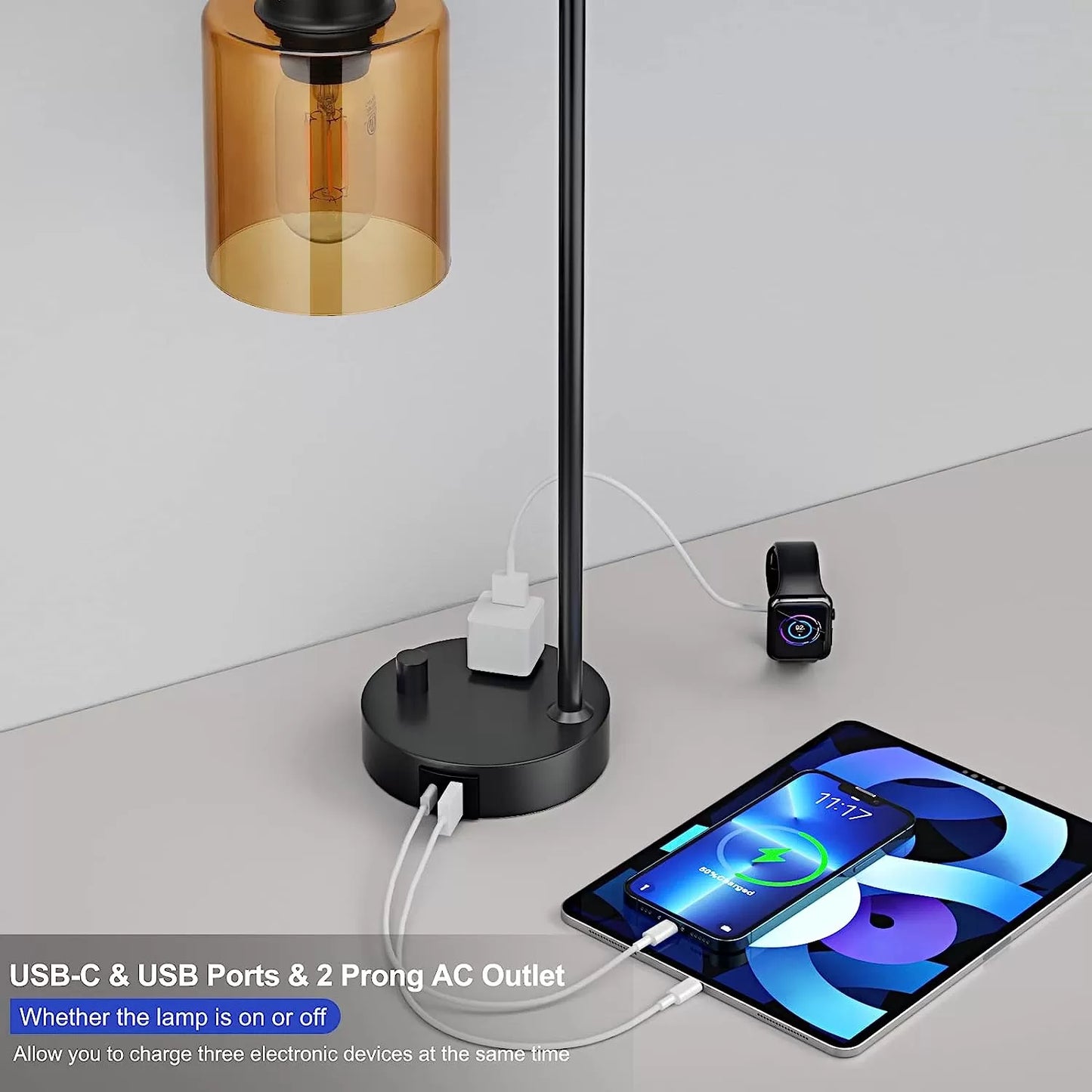 Industrial Bedside Table Lamp for Bedroom - Nightstand Lamps with USB C Charging Port, Fully Dimmable Black Lamps with USB Ports and Outlets, Small Desk Lamp with Glass Shade for Office Living Room