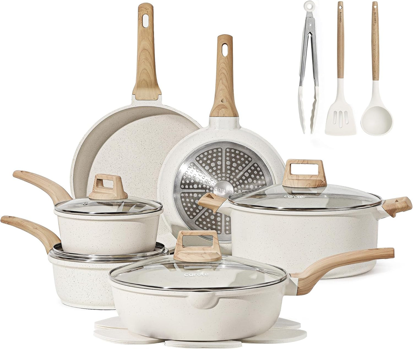 CAROTE ICE 35pcs Pots and Pans Set, Nonstick Cookware Sets, White Granite Induction Cookware with Kitchen Knife Set