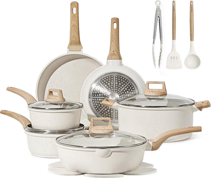 CAROTE ICE 35pcs Pots and Pans Set, Nonstick Cookware Sets, White Granite Induction Cookware with Kitchen Knife Set