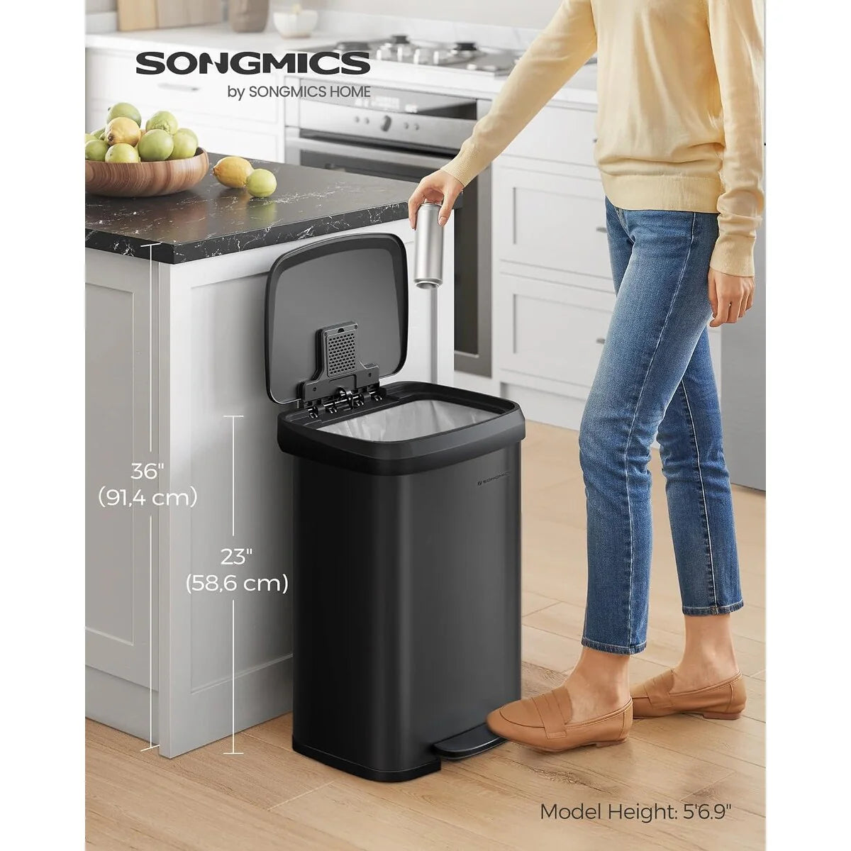 SONGMICS Kitchen Trash Can, 13-Gallon Stainless Steel Garbage Can, with Stay-Open Lid and Step-on Pedal, Soft Closure