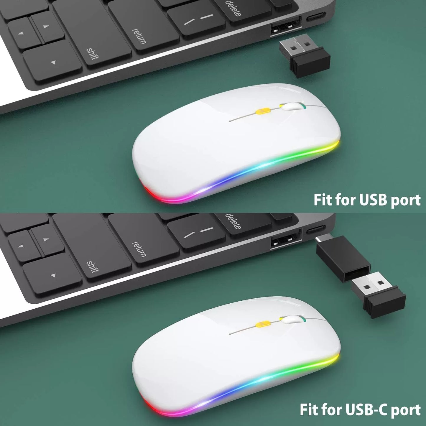 [Upgrade] LED Wireless Mouse, Slim Silent Mouse 2.4G Portable Mobile Optical Office Mouse with USB & Type-c Receiver, 3 Adjustable DPI Levels for Notebook, PC, Laptop, Computer, MacBook (Pink)