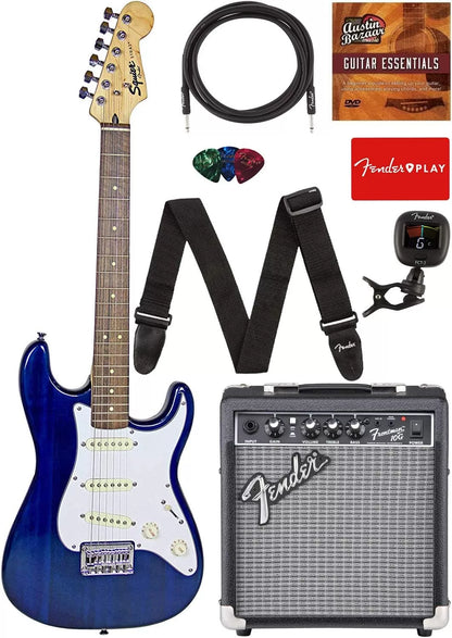 Fender Squier Stratocaster - Sunburst Bundle with Frontman 10G Amp, Gig Bag, Instrument Cable, Tuner, Strap, Picks, Fender Play Online Lessons, Instructional Book, and Austin Bazaar Instructional DVD