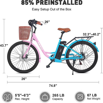 Viribus Electric Bike, Electric Cruiser Bike Adults Women, 25mph 40+ Mile Range 26" City Ebike E Bike with Basket, Electric Bike 350W Shimano 7 Speed Front Suspension for Women Lady, Electric Bicycle