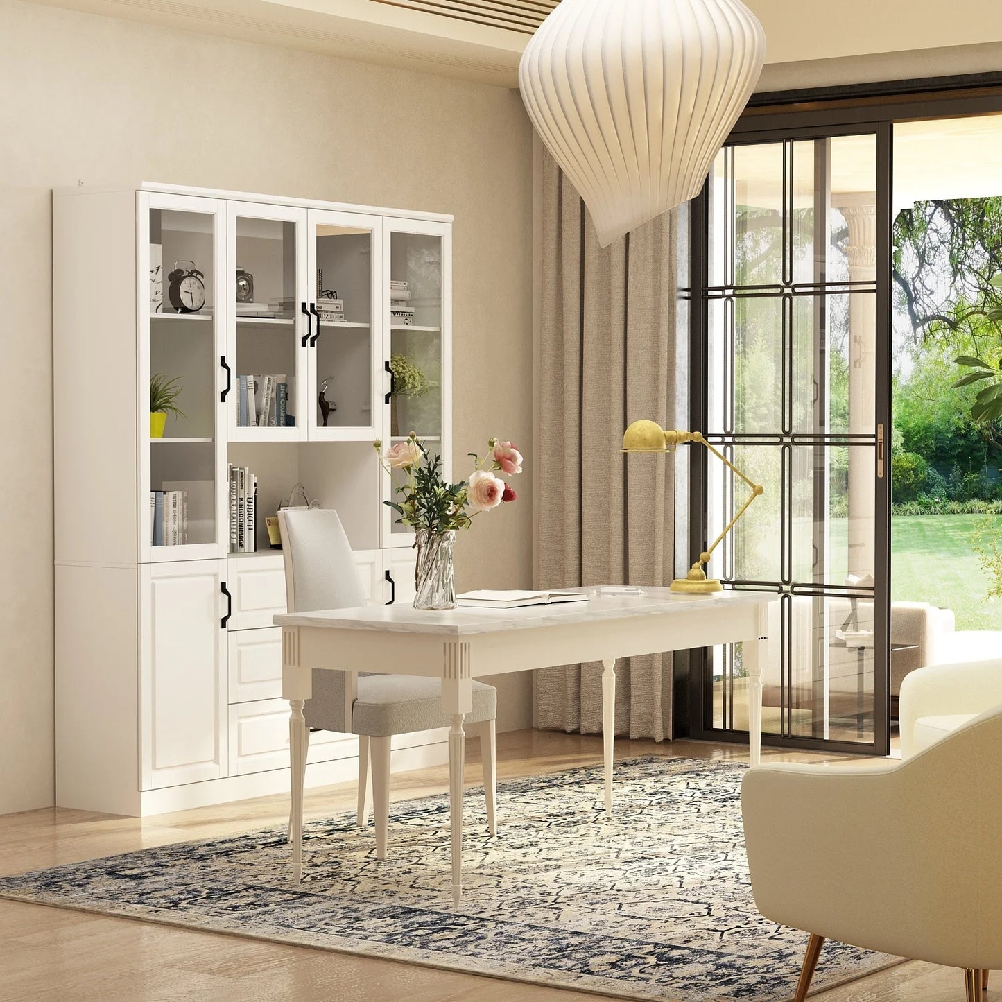 78.7"Modular White Curio Bookcase Cabinet w/Glass Doors Buffet Display