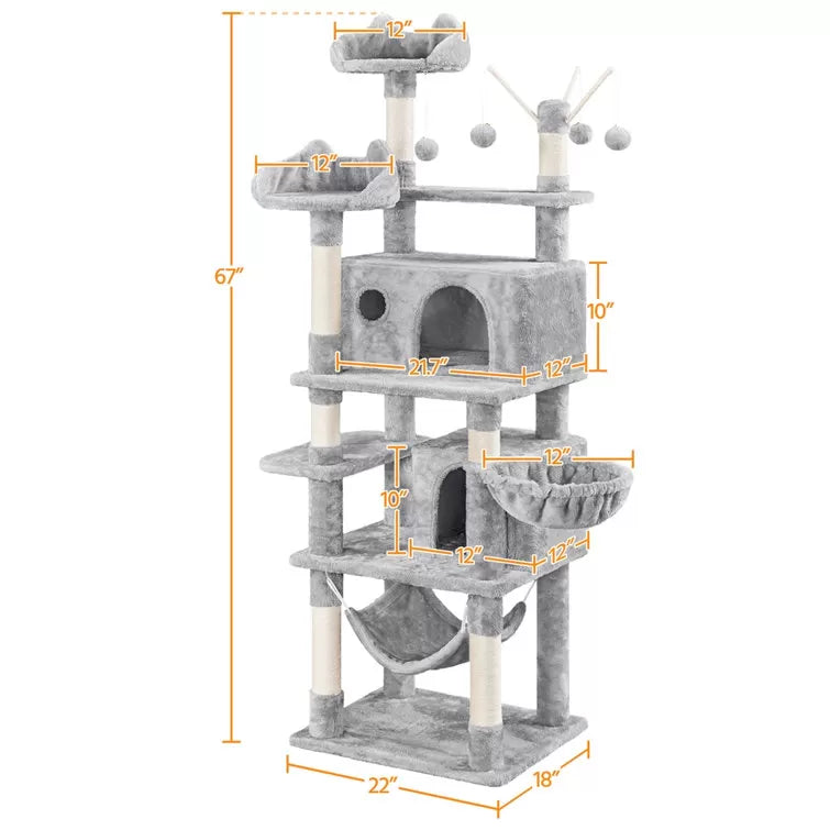 67" H Multi-Level Cat Tree Tower with 2 Cat Condos & Hammock Basket