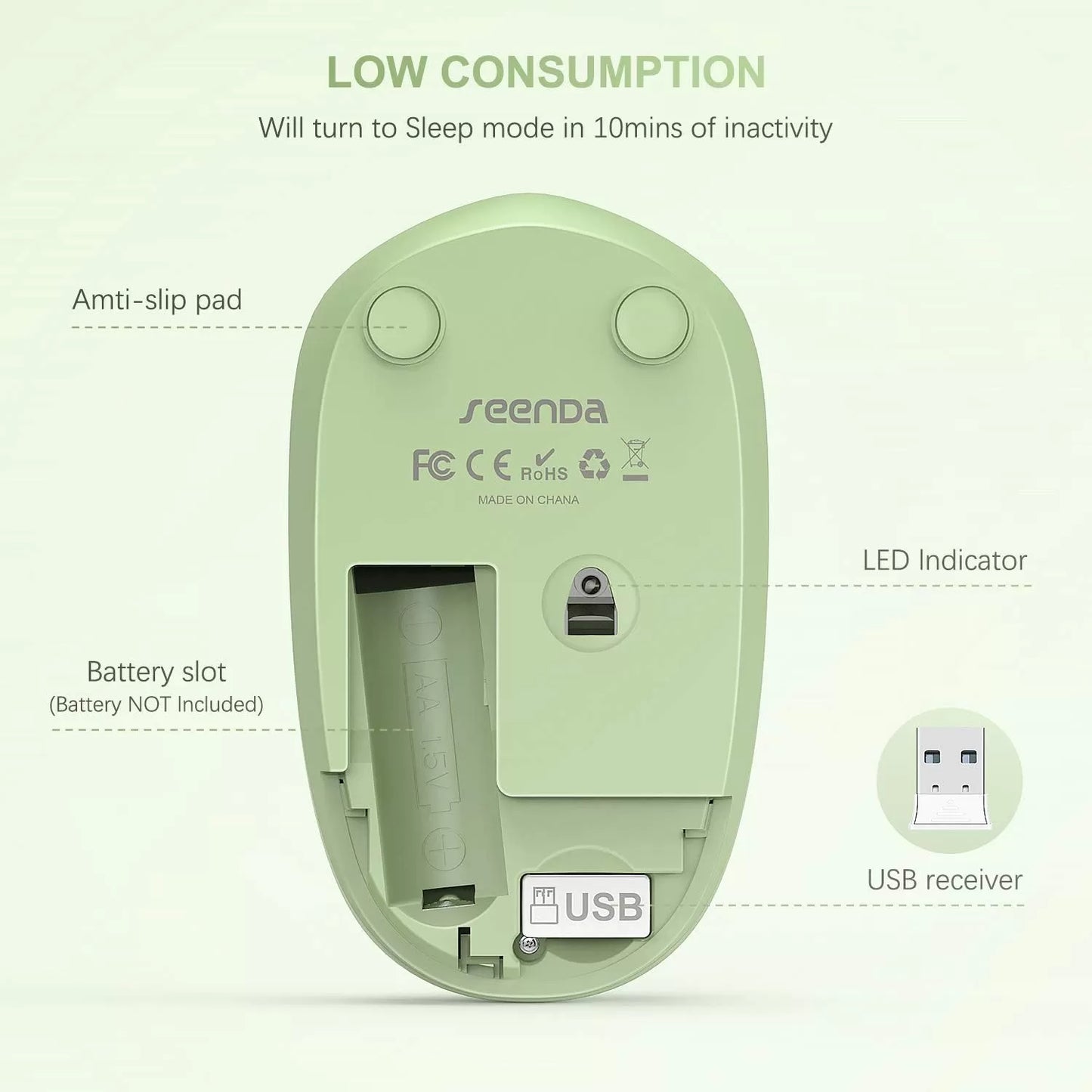 seenda Wireless Mouse, 2.4G Noiseless Mouse with USB Receiver - Portable Computer Mice for PC, Tablet, Laptop with Windows System - Mint Green