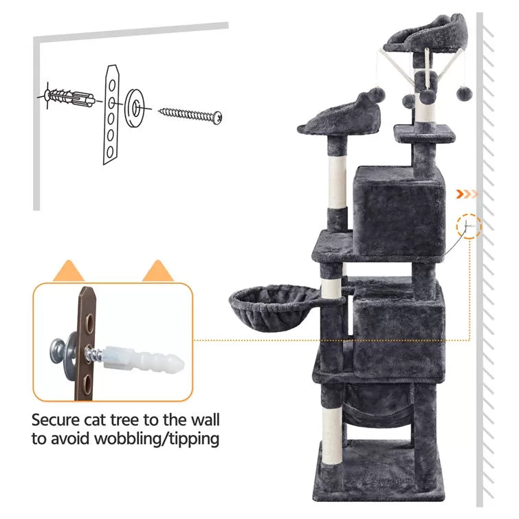 67" H Multi-Level Cat Tree Tower with 2 Cat Condos & Hammock Basket