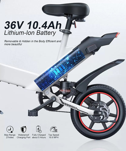 Sailnovo Electric Bike, Electric Bicycle with 18.5mph Electric Bikes for Adults Teens E Bike with Pedals, 14" Waterproof Folding Mini Bikes with Dual Disc Brakes
