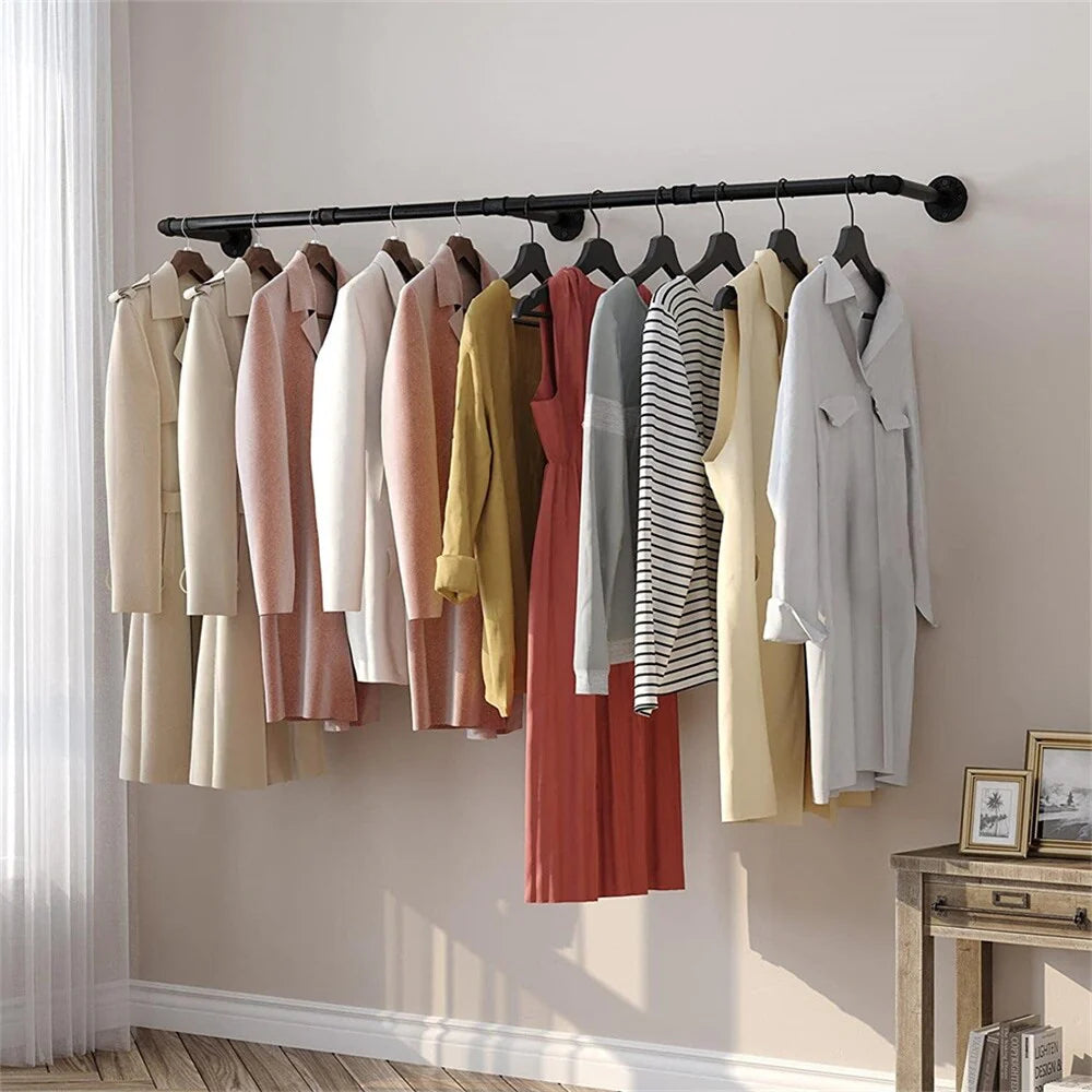70.87" Long Industrial Pipe Clothes Rack Wall Mounted Hanging Rail