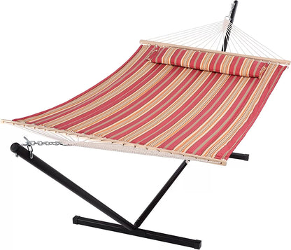55 Inch Extra Large Double Hammock with Stand, 475lbs Capacity, Outdoor Portable Hammock with Hardwood Spreader Bar, Extra Large Pillow