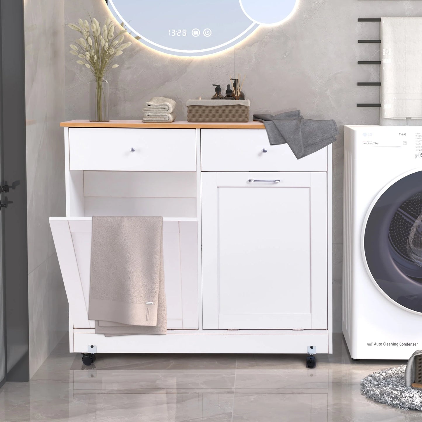 Erommy Tilt Out Trash Cabinet, Wooden Kitchen Trash Can Free Standing Waste Bin, Recycling Hideaway Garbage Can Holder