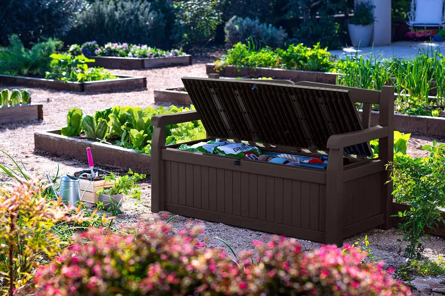Keter Solana 70 Gallon Storage Bench Deck Box for Patio Furniture, Front Porch Decor and Outdoor Seating – Perfect to Store Garden Tools and Pool Toys,Brown/Brown