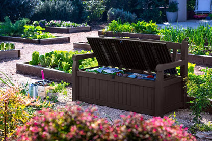 Keter Solana 70 Gallon Storage Bench Deck Box for Patio Furniture, Front Porch Decor and Outdoor Seating – Perfect to Store Garden Tools and Pool Toys,Brown/Brown