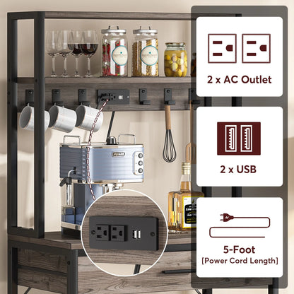 Kitchen Bakers Rack with Power Outlets, High Utility Storage Shelves Microwave Stand with Drawers