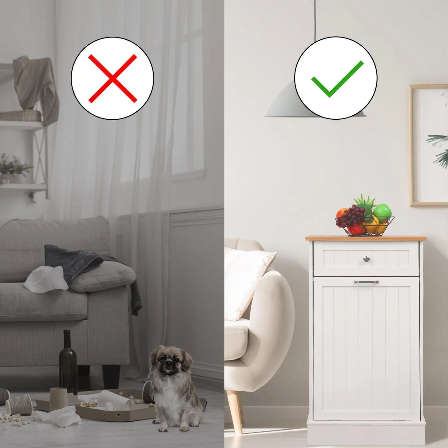 Erommy Tilt Out Trash Cabinet, Wooden Kitchen Trash Can Free Standing Waste Bin, Recycling Hideaway Garbage Can Holder