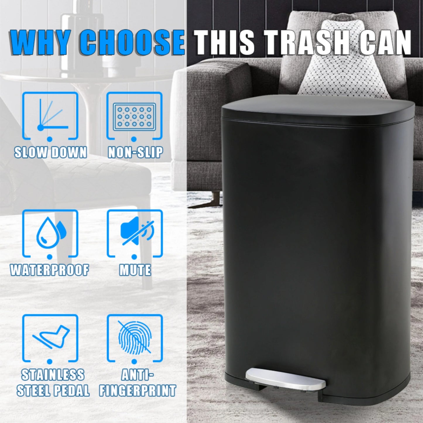 13 Gallon 50 Liter Stainless Steel Step Trash Can with Removable Inner Bucket by Furniture of America
