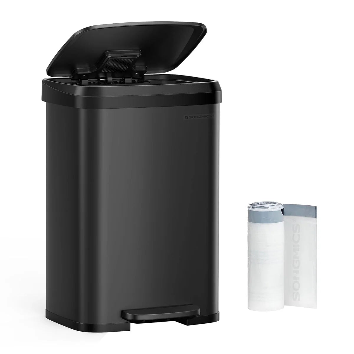 SONGMICS Kitchen Trash Can, 13-Gallon Stainless Steel Garbage Can, with Stay-Open Lid and Step-on Pedal, Soft Closure
