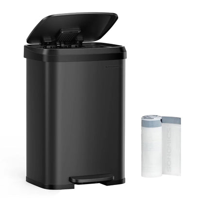 SONGMICS Kitchen Trash Can, 13-Gallon Stainless Steel Garbage Can, with Stay-Open Lid and Step-on Pedal, Soft Closure