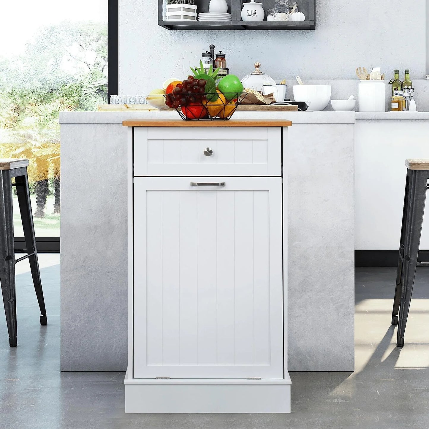 Erommy Tilt Out Trash Cabinet, Wooden Kitchen Trash Can Free Standing Waste Bin, Recycling Hideaway Garbage Can Holder