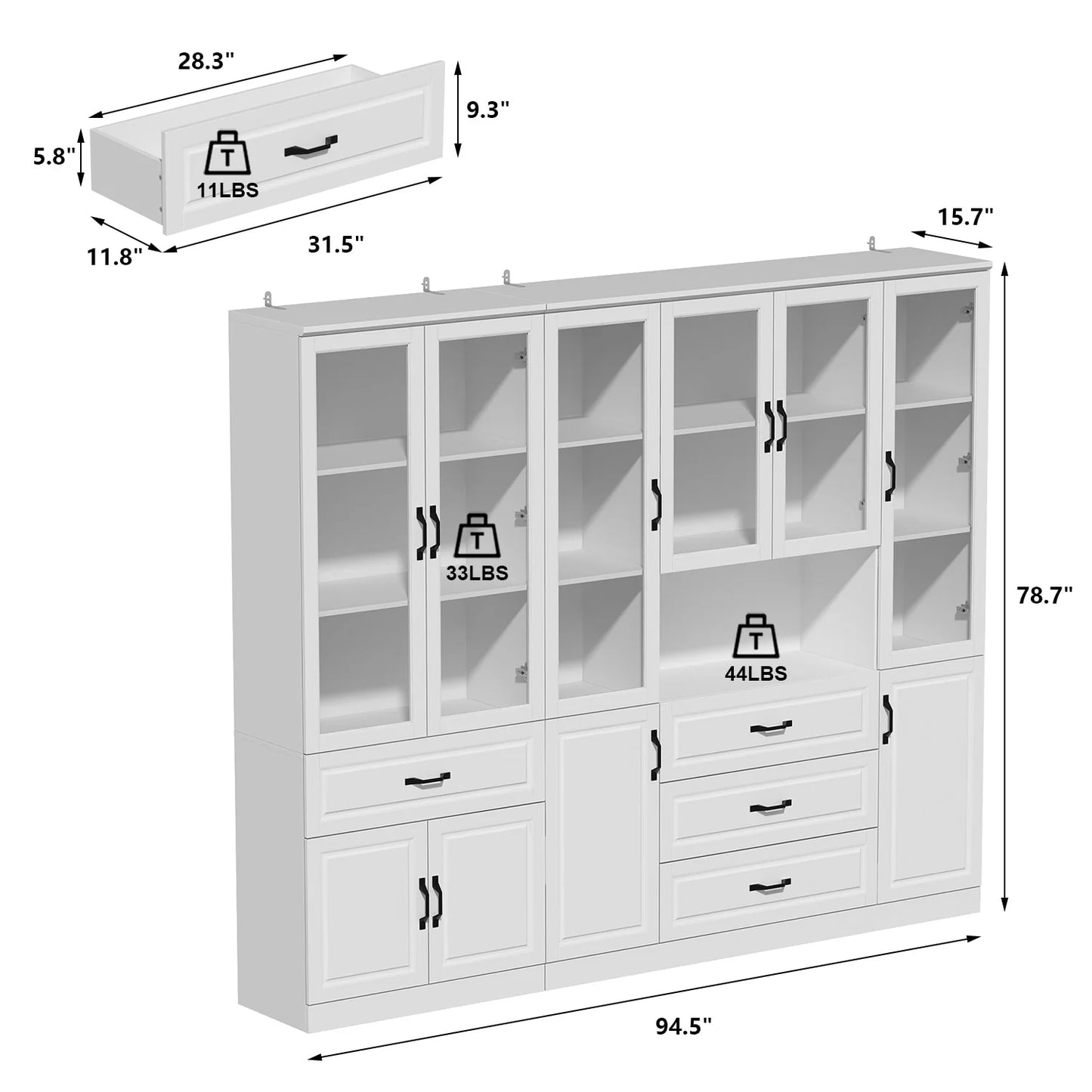 78.7"Modular White Curio Bookcase Cabinet w/Glass Doors Buffet Display