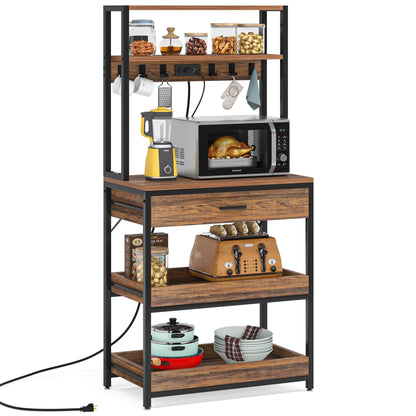 Kitchen Bakers Rack with Power Outlets, High Utility Storage Shelves Microwave Stand with Drawers