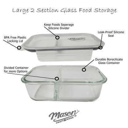Mason Craft & More 33oz Rectangular 2.5 Section Glass Food Storage with Gray Gasket - Set of 6
