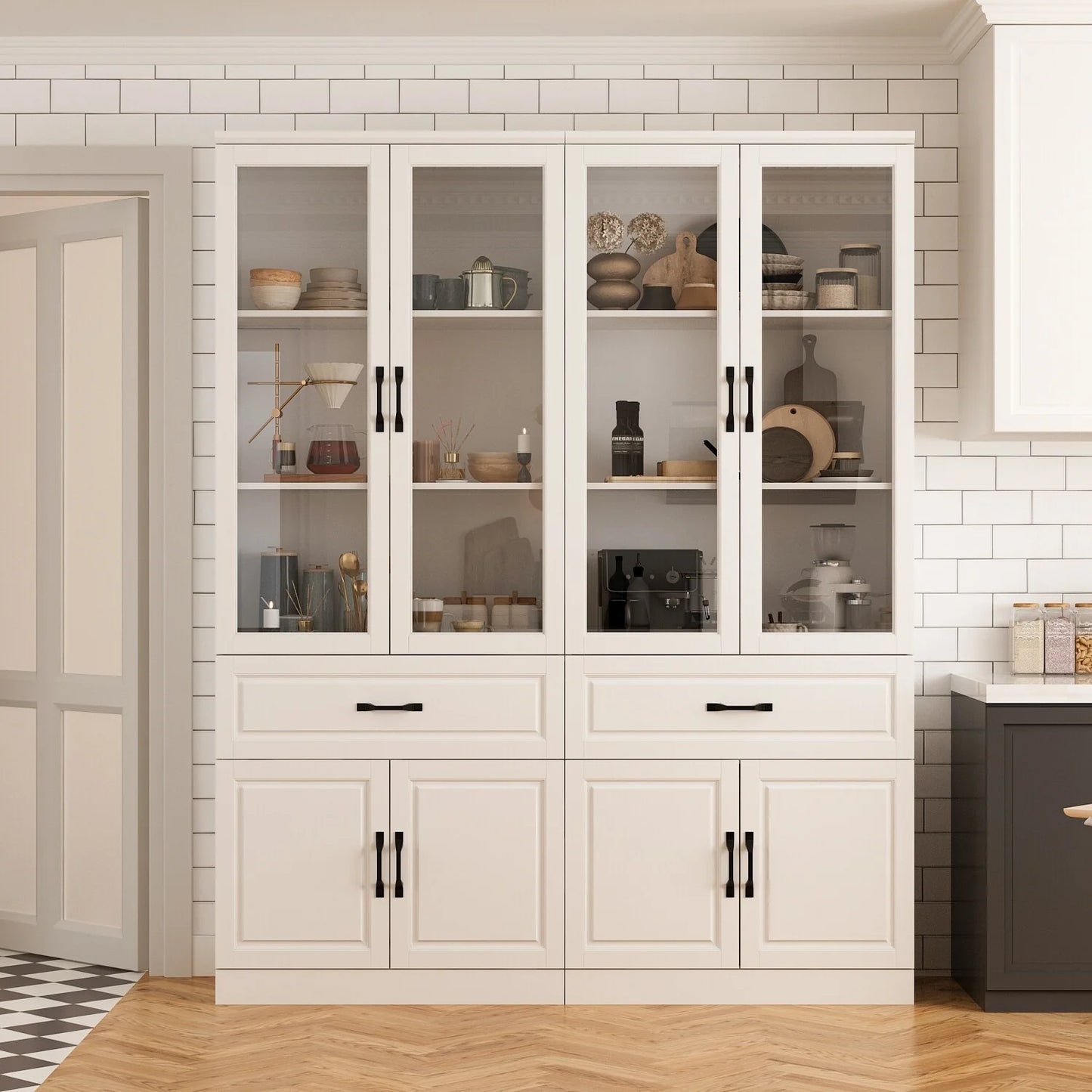 78.7"Modular White Curio Bookcase Cabinet w/Glass Doors Buffet Display