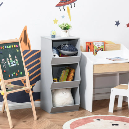HOMCOM Kids Storage Cabinet 3 Shelves Anti-toppling Toy Storage Organizer Children Bookcase Book Rack, Grey