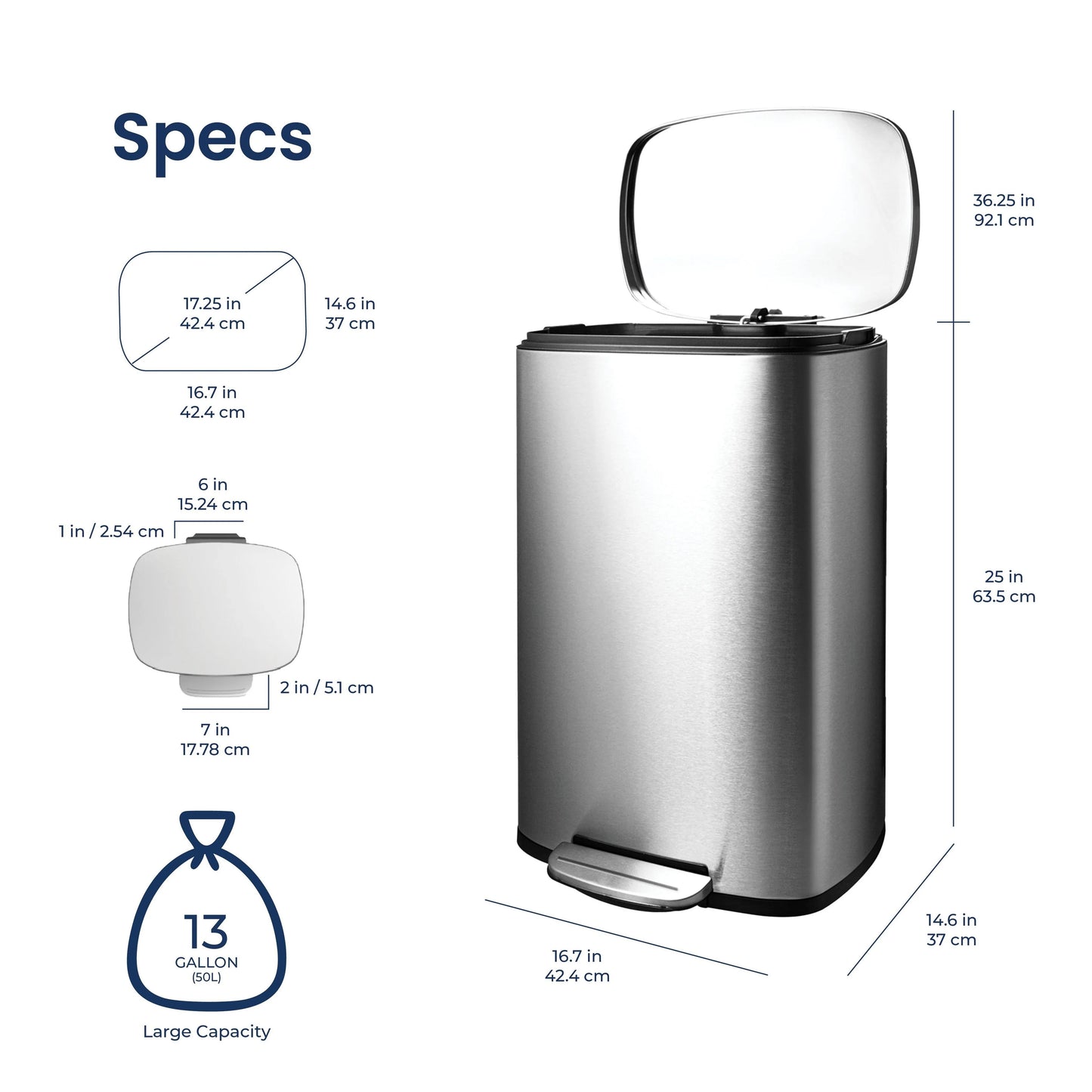 NINESTARS 13.2 Gallon Rectangular Step-On Trash Can