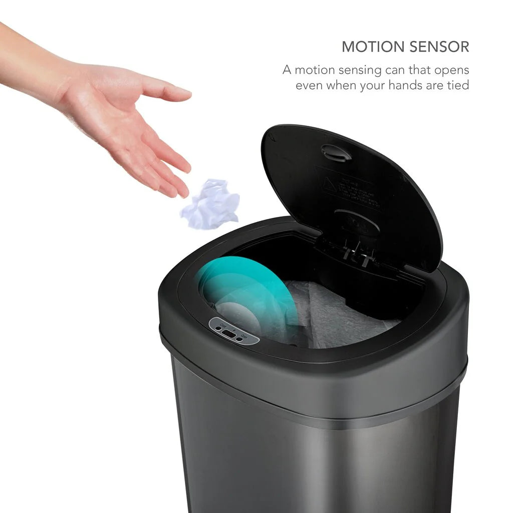 NINESTARS Oval Motion Sensor Trash Can 13.2 Gallon, Black Stainless Steel DZT-50-9BK