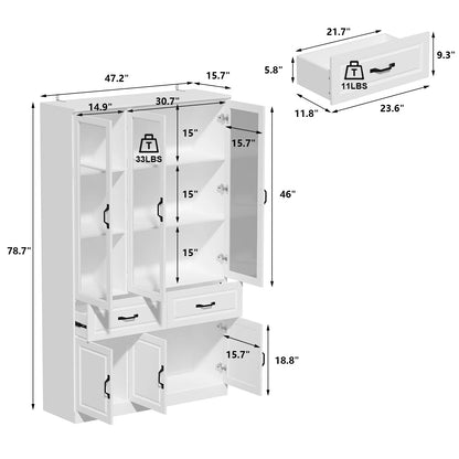 78.7"Modular White Curio Bookcase Cabinet w/Glass Doors Buffet Display