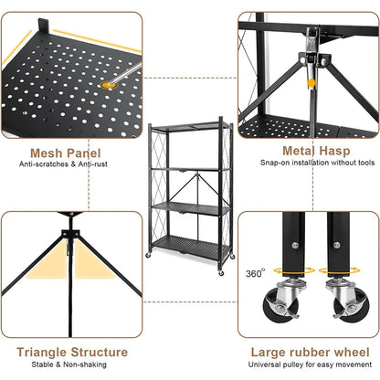 4-Tier Foldable Storage Shelving Unit, Heavy Duty Metal Shelf, Kitchen Shelf with 3 Hooks