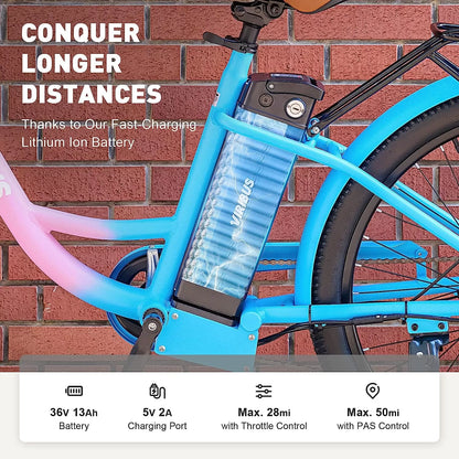 Viribus Electric Bike, Electric Cruiser Bike Adults Women, 25mph 40+ Mile Range 26" City Ebike E Bike with Basket, Electric Bike 350W Shimano 7 Speed Front Suspension for Women Lady, Electric Bicycle