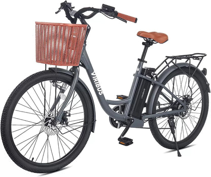 Viribus Electric Bike, Electric Cruiser Bike Adults Women, 25mph 40+ Mile Range 26" City Ebike E Bike with Basket, Electric Bike 350W Shimano 7 Speed Front Suspension for Women Lady, Electric Bicycle