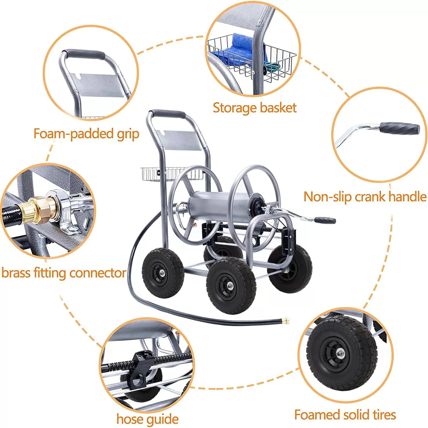 Hose Reel Cart, Hose Reel Cart with Wheels Heavy Duty, Industrial Hose Reels for Outside, 250-Feet of 5/8" Hose Capacity, Hose Guide Installed
