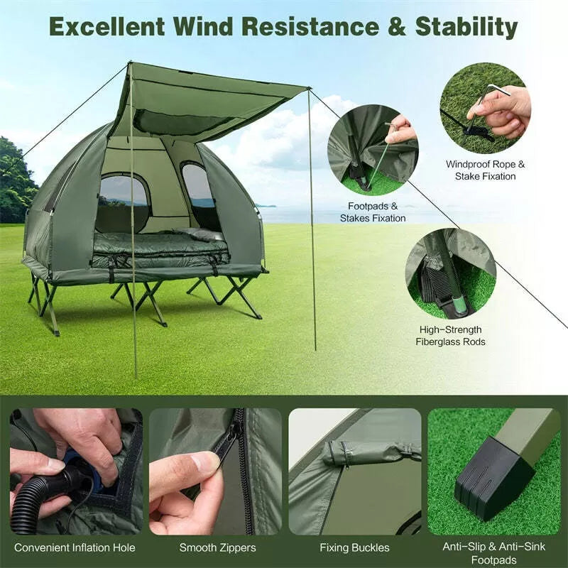5-in-1 Tent Cot 2-Person Portable Outdoor Camping Tent Combo with Air Mattress Sleeping Bag & Sunshade