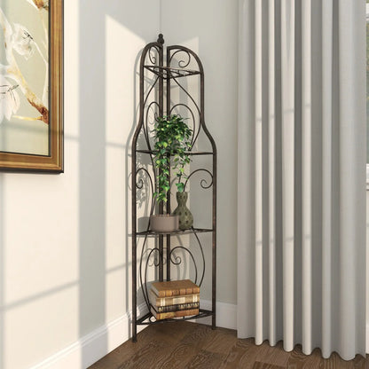 Metal Scroll Indoor Outdoor Arched Tall Folding Corner 4 Shelf Bakers Rack - Black - Roche River Decor