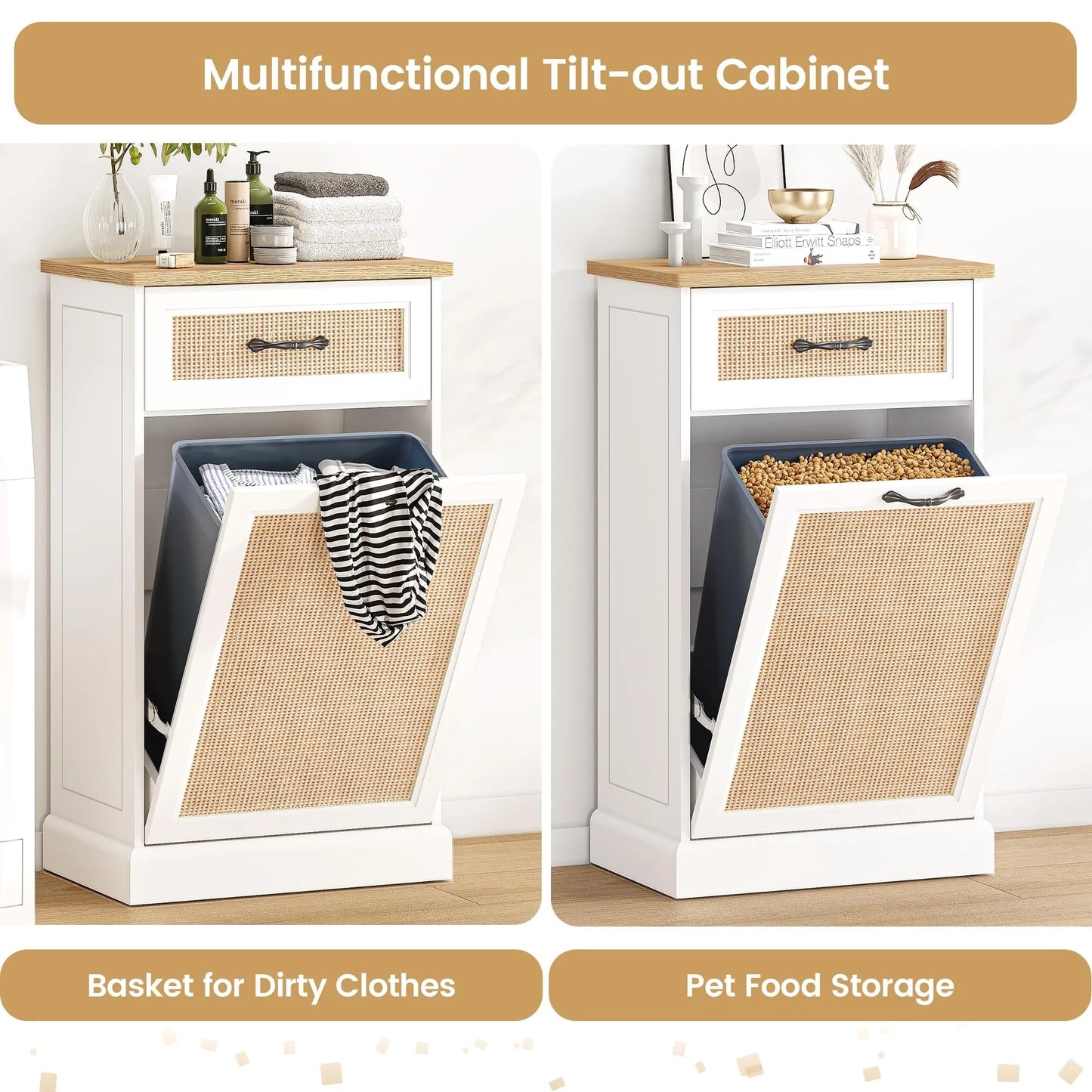 Rattarn Kitchen Tilt Out Trash Can Cabinet with Drawer