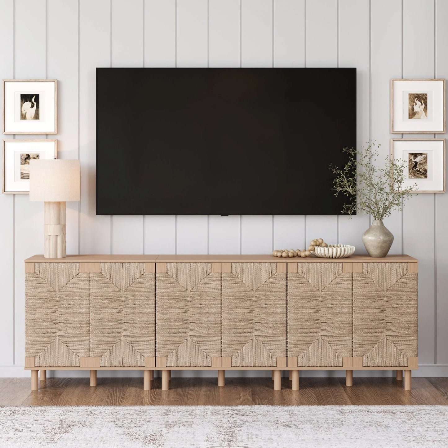 Nathan James Beacon Wood Accent Cabinet with Seagrass Doors and Adjustable Shelf